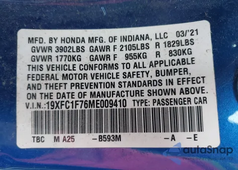 2021 Honda Civic Ex-L из США, поврежденный, VIN 19XFC1F76ME009410